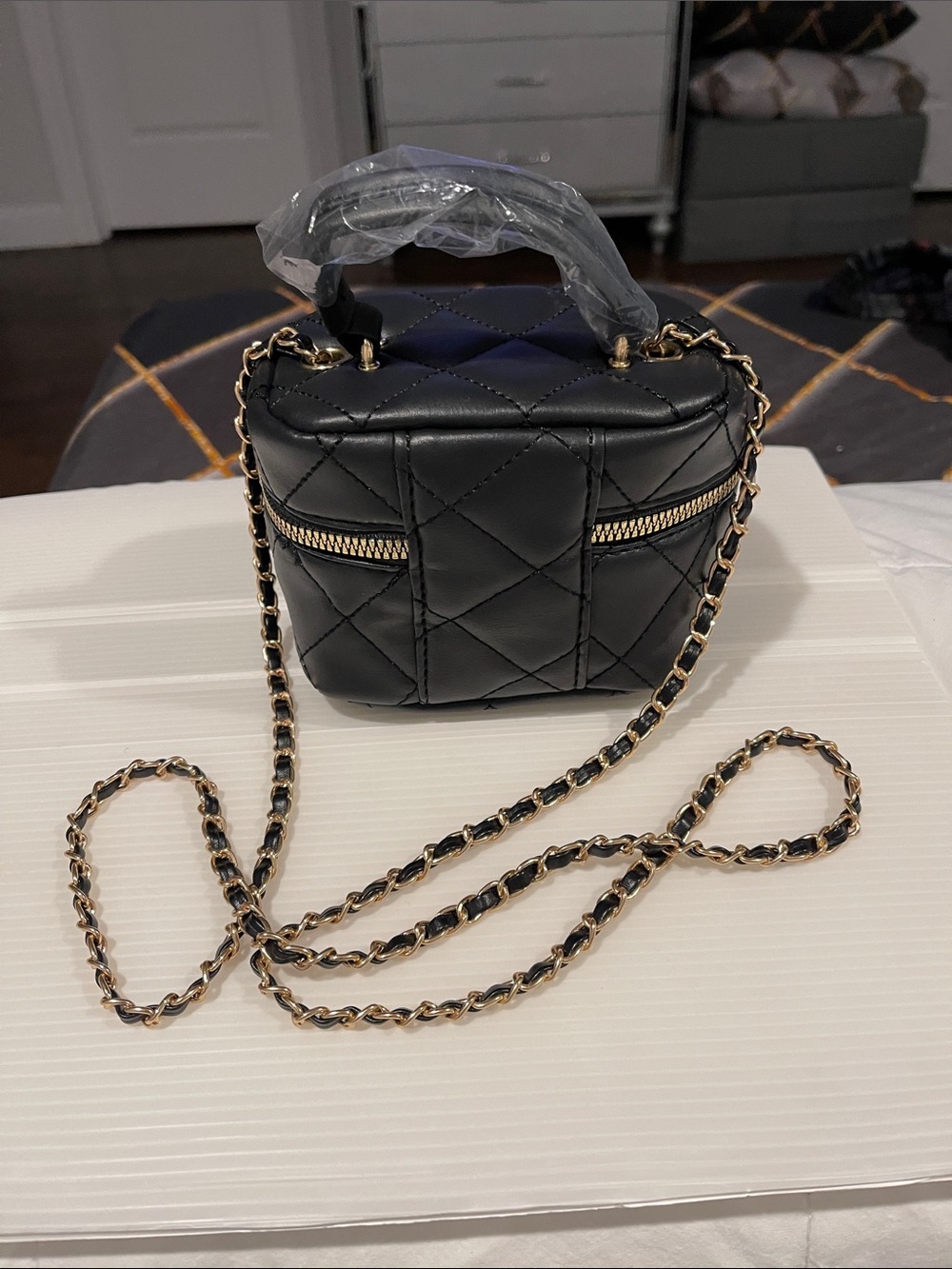 Black Quilted Mini Crossbody with Gold Chain Strap - Picture 3 of 8